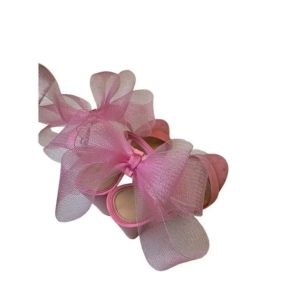 Pink Heeled Sandals With Large Tulle Bow Accent & Adjustable‎ Ankle Strap - Picture 4 of 16